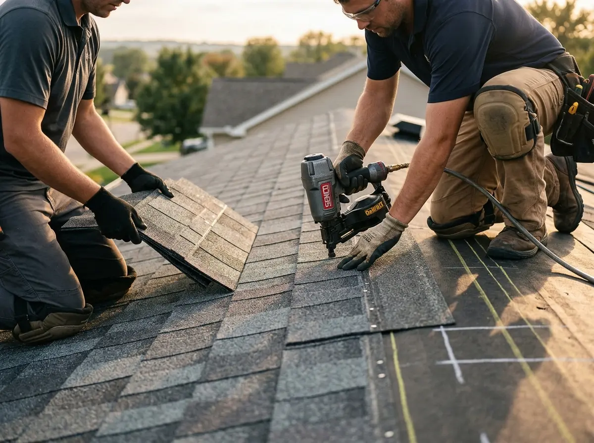 Professional roofer working on a residential roof in Covington
